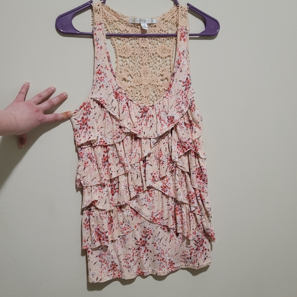 LC Lauren Conrad Layered Ruffles Pink Floral Tank with Crochet Back size M